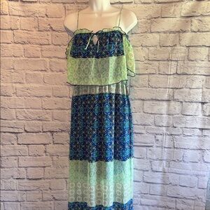 Enfocus Studio Green & Blue Patterned Tiered Maxi Dress Size 8